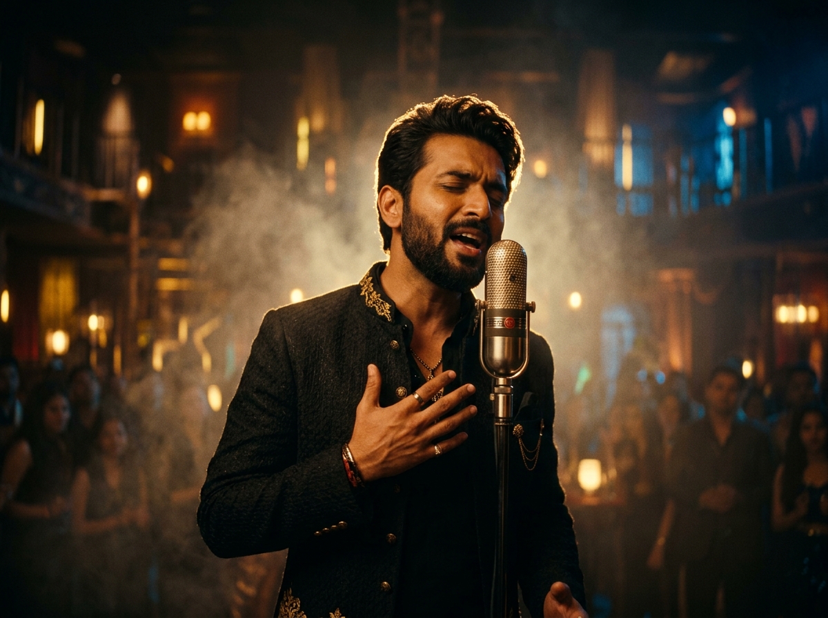 Performer singing into a vintage microphone under dramatic golden stage lights and smoke