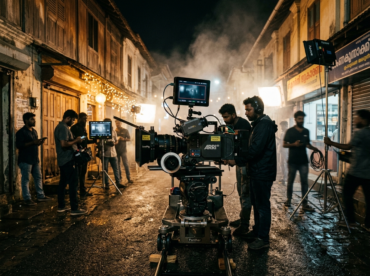 Cinema camera rig and film crew shooting a night sequence on a heritage street